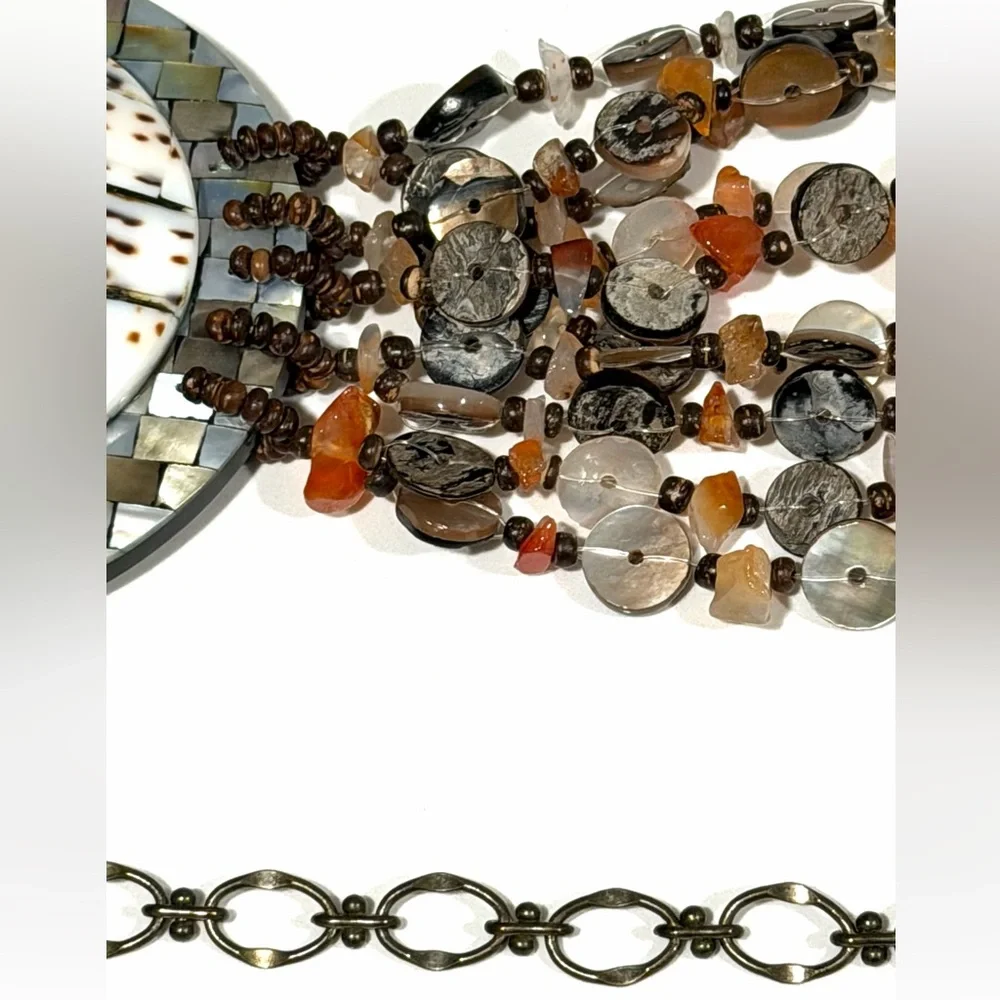 Chico’s Mother of Pearl Shell Brown Beaded Chain Adjustable Statement Belt